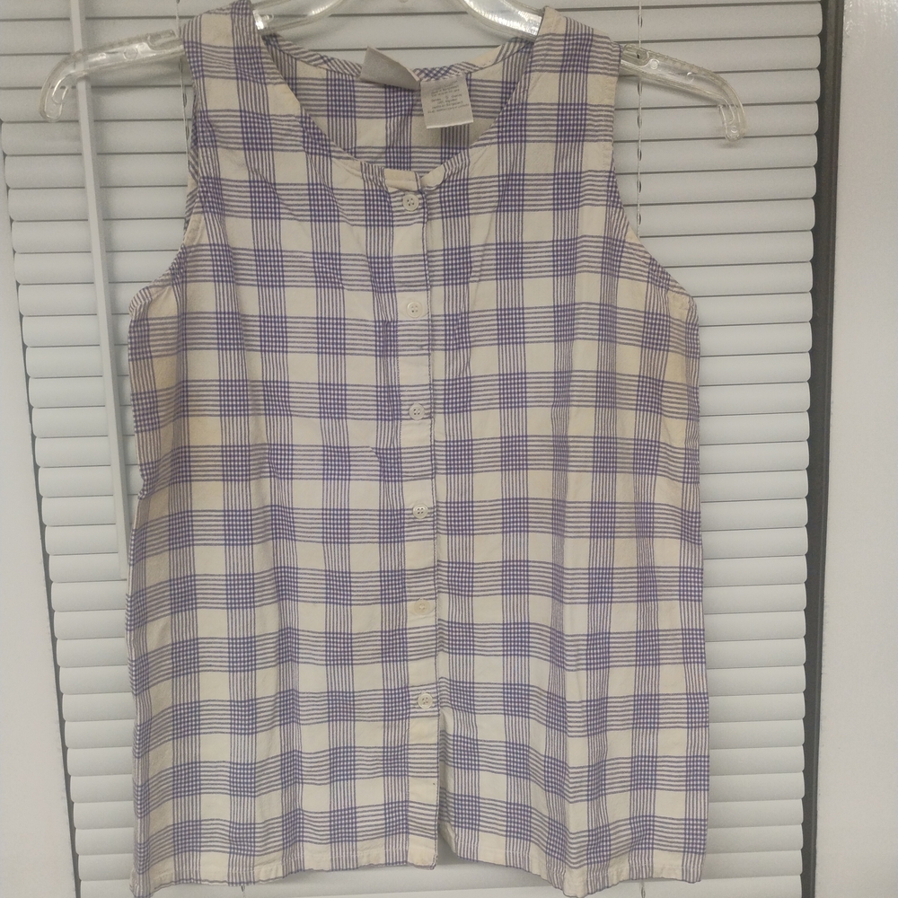 Vtg Basic Women’s Large Purple Checkered Sleeveless Button-Up Shirt Country 90s